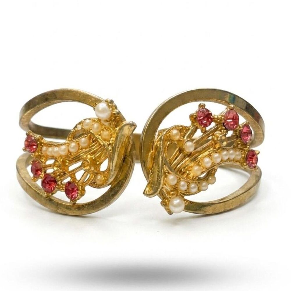 Vintage 1940's-60's Gold Tone Cuff Bracelet Clamper Pink Rhinestones Faux Pearl